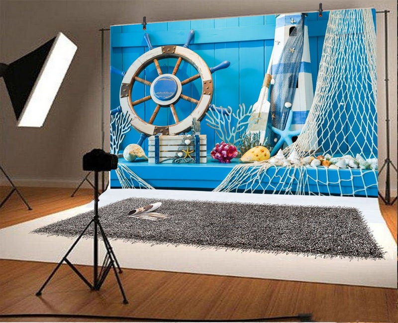 LFEEY 7x5ft Blue Wooden Wall Nautical Birthday Backdrop Seashells Sailing Ship Wheel Helm Fishing Net Starfish Summer Party Photography Background for Events Videos YouTube Photo Studio Props - Image 2